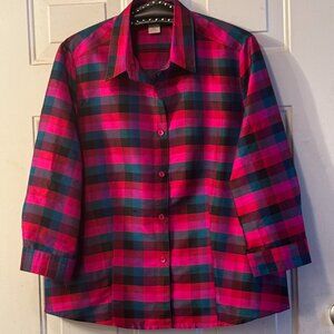 VTG Cactus Flower Sz L Womens Silk Blouse Shirt 3/4 Sleeve Pink/Teal/Black Check